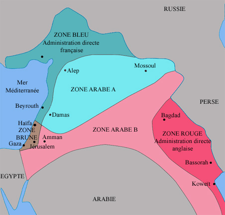 Les accords Sykes-Picot sont des accords secrets signés le 16 mai 1916 entre la France et la Grande-Bretagne, prévoyant le partage du Moyen-Orient à la fin de la guerre dans le but de contrer des revendications ottomanes