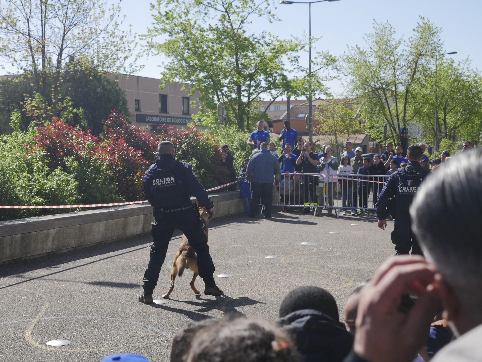 un policier tenant un chien policier.